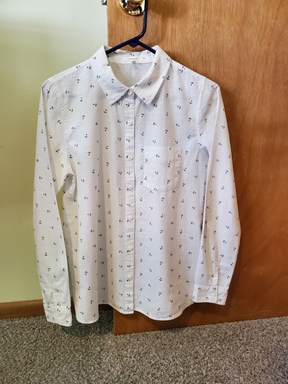 Maurices White Button-Down Shirt with Navy Anchor Print